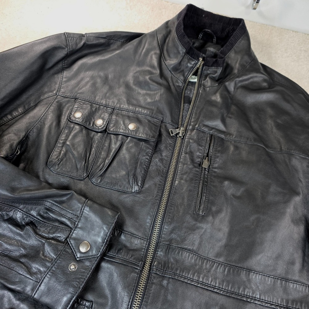 Carbon2Cobalt‎ Mens XL Black Genuine Leather Field Jacket Plaid Lined Moto Coat